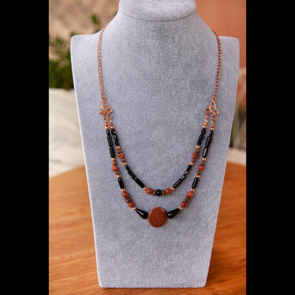 NEW Handmade- Necklace of Goldstone, Copper Tone Metal and Black Glass Beads - Picture 4 of 8